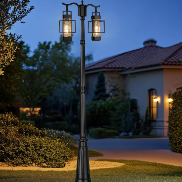 Hardwired Dual-Head Metal Outdoor Courtyard Post Light