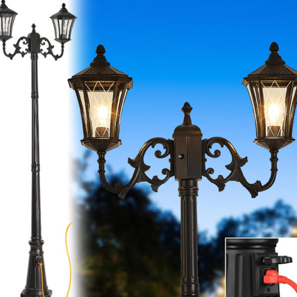 Hardwired Dual-Head Courtyard Post Light with Outlet